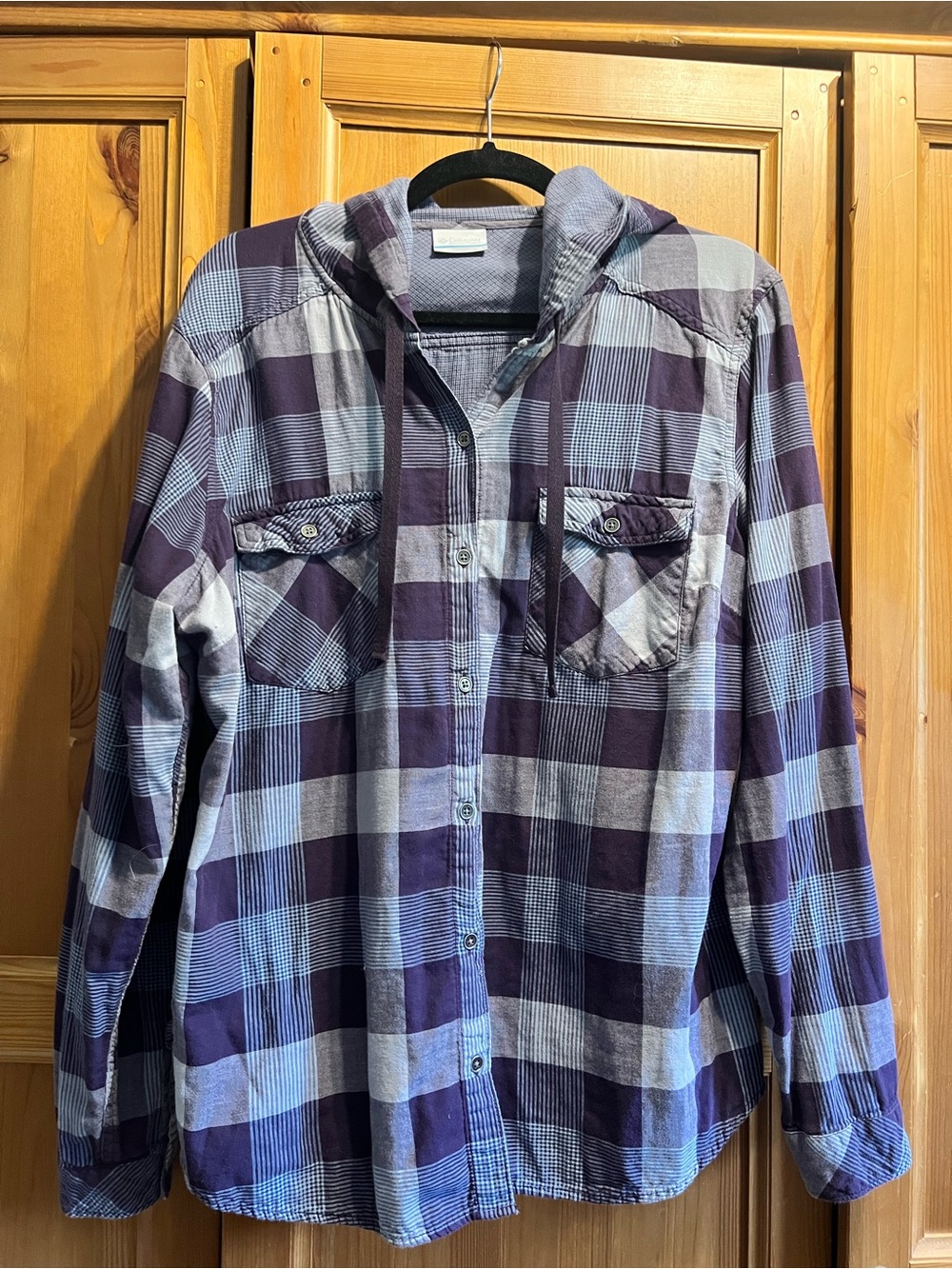 Columbia Purple and Light Blue Plaid Hooded Button-Up Shirt